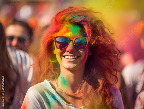 Woman with sunglasses enjoying colorful Holi festival