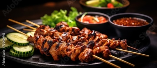 chicken and beef satay meat stick skewer with cucumber