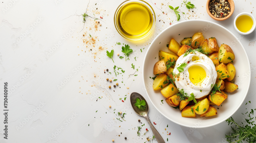 Baked potatoes with poached egg and herbs on white background, top view Baked potatoes with poached egg and herbs on white background, top view