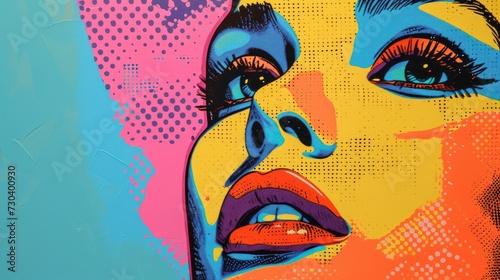 Colorful pop art style mural of a woman's face with vibrant halftone dots and bold graphic lines.