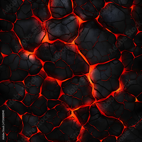 Craft a lava texture background featuring a seamless pattern of fiery cracks and liquid stone. The black and red colors evoke Generative AI,
