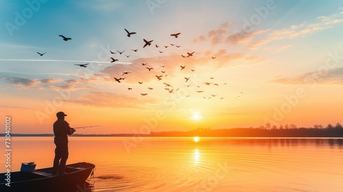 Silhouette of a fisherman at sunrise by a tranquil lake with birds flying in the colorful sky.