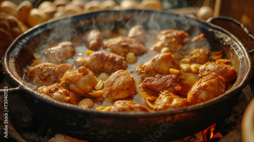 Chicken tikka masala in clay pot on wooden table.