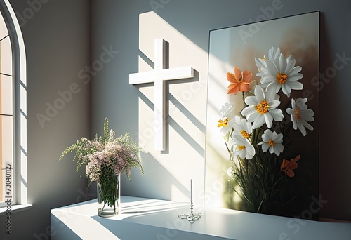 White cross hanging on the wall in the monastery room with sunlight shining through the window. Prayer room. 