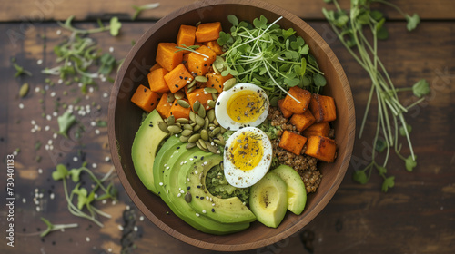 Healthy breakfast bowl with quinoa  avocado  pumpkin and microgreens