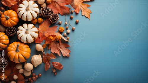 Orange pumpkins and different autumn decoration on the light blue background  top view