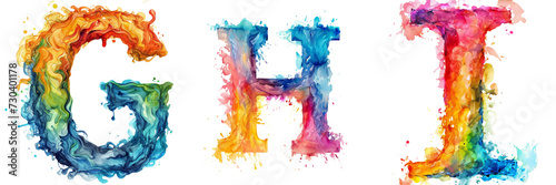 Watercolor Letters G H I Set Isolated on Transparent or White Background, PNG photo