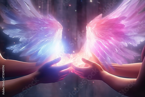 Two pair of hands holding an illuminated angel wings. Spiritual religiose concept.