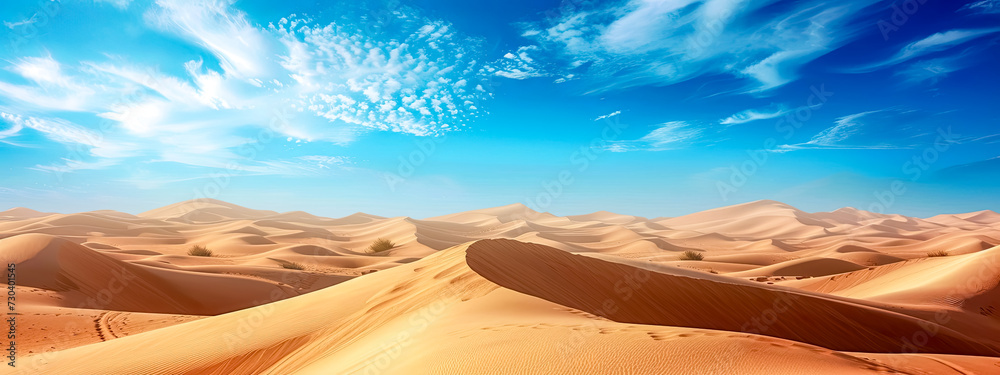 Scenic desert with dunes, mountains, and a cloudy sky