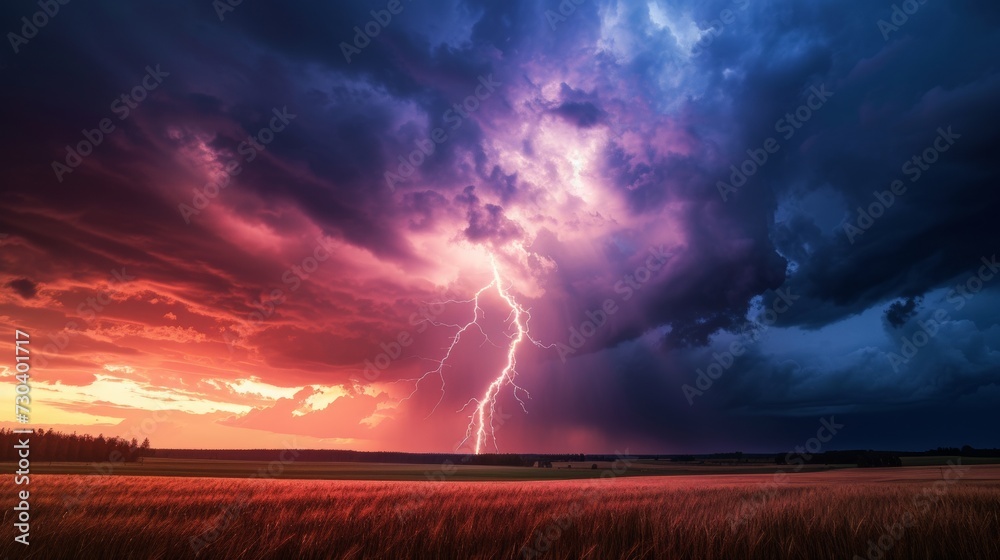 Fototapeta premium Dramatic Thunderstorm Over Field with Lightning Strike