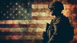 American Soldier Silhouette with Flag Background. Patriotic Concept