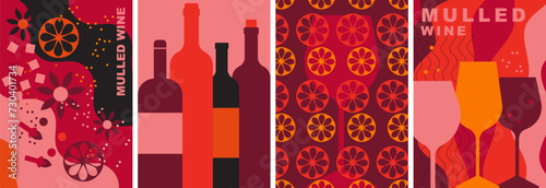 Mulled wine posters collection. Decorative abstract flat vector illustration, wine bottles, glasses,  spices. Red wine. Perfect background for menu, cover design, promotion. Festive drink, wine party.