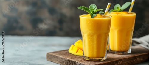 Obraz na płótnie Healthy concept of food and beverages through refreshing mango smoothies. w salonie