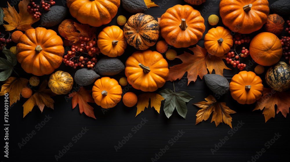 Orange pumpkins and different autumn decoration on the dark background, top view