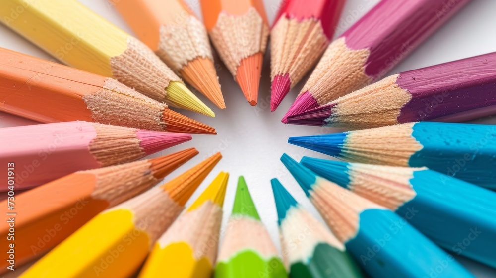 A close-up of multi-colored pencils arranged in a circle, forming a colorful wheel on a white background. A close-up of multi-colored pencils arranged in a circle, forming a colorful wheel on a white background.