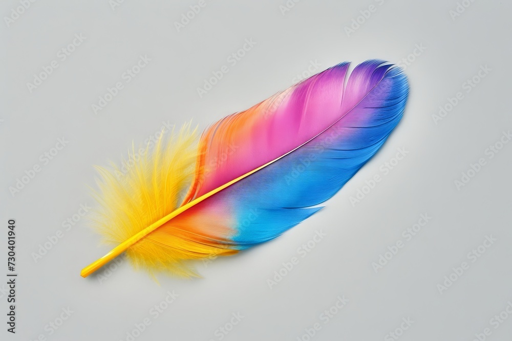 A colorful feather, isolated on a light gray background. A colorful feather, isolated on a light gray background.