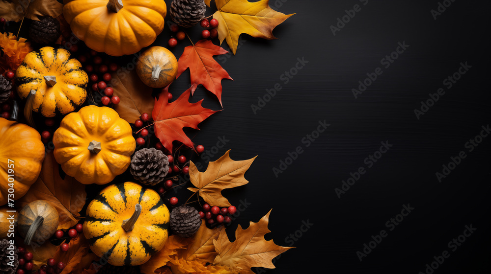 Orange pumpkins and different autumn decoration on the dark background, top view Orange pumpkins and different autumn decoration on the dark background, top view