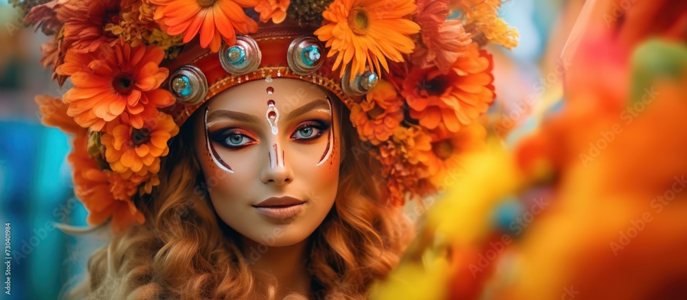 woman with colorful carnival wreath hat decorated with orange flowers