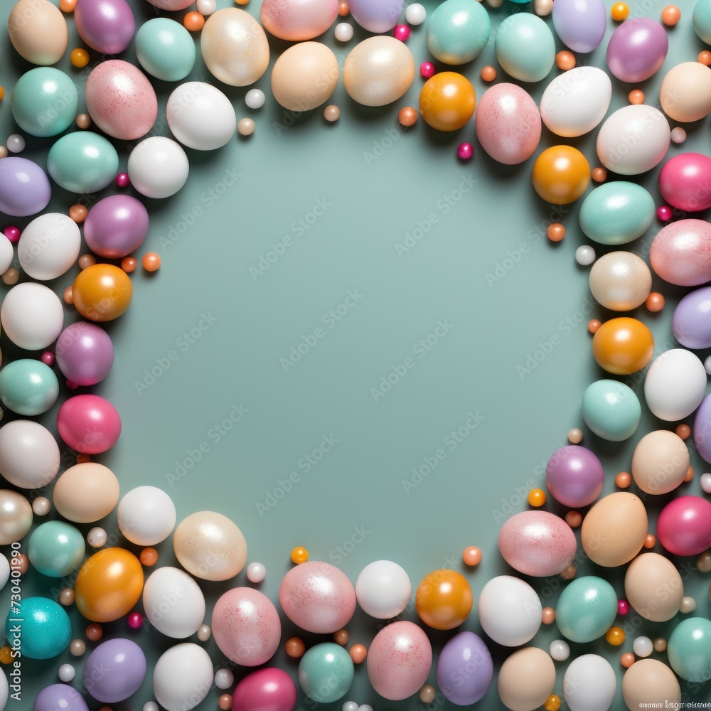 Pearl background with colorful easter eggs round frame texture