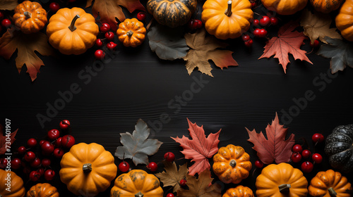 Orange pumpkins and different autumn decoration on the dark background  top view