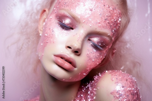 Sparkling Model pink glitter. Beauty portrait. Generate Ai