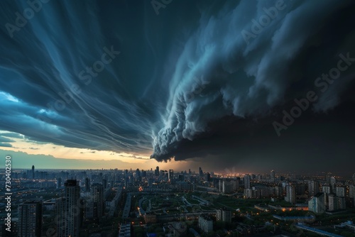 A dramatic thunderstorm rolling over a sprawling metropolis