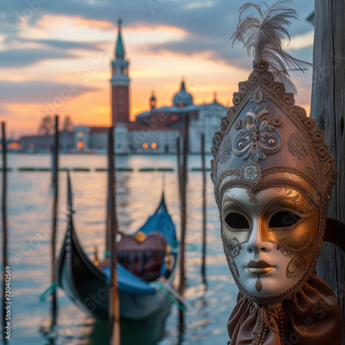 Venetian Mask at Sunset with Gondola and San Giorgio Maggiore in Background photo