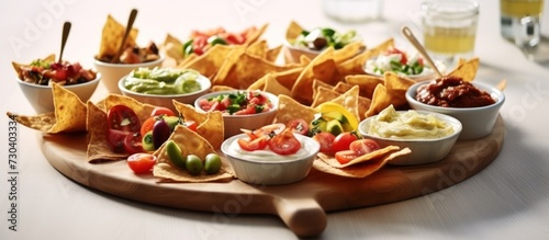 tasty nachos and sauces in bowls