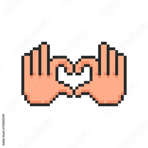 Pixel hand, hand gesture in the form heart symbol, two hands joined in a heart symbol.