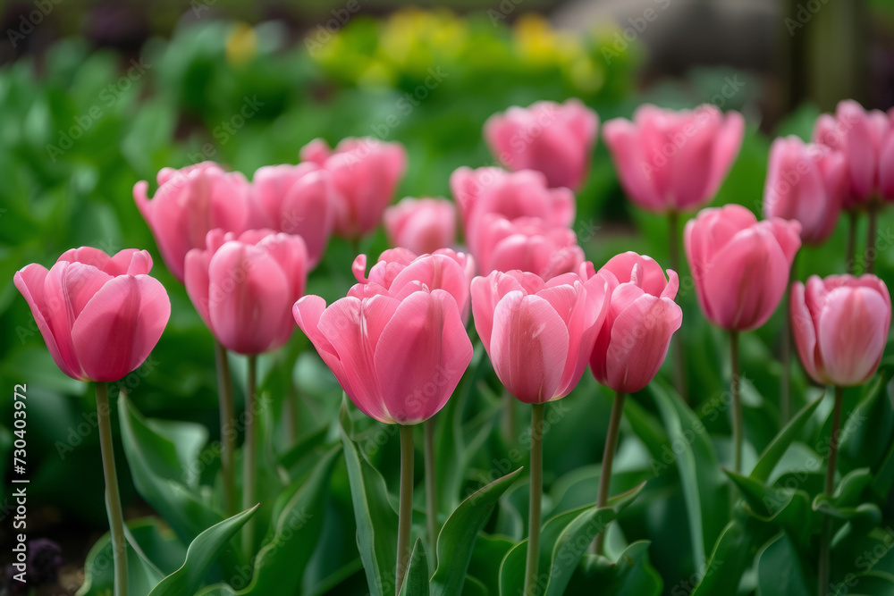 Spring tulips of the same color. Background with selective focus and copy space