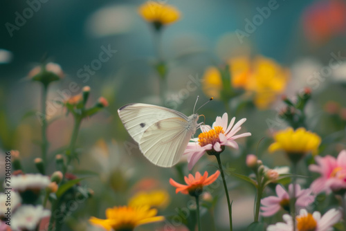 Butterfly on the spring field. Background with selective focus and copy space