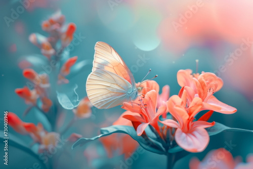 Butterfly on a spring flower. Background with selective focus and copy space