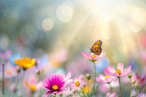 Butterfly on a spring meadow. Background with selective focus and copy space