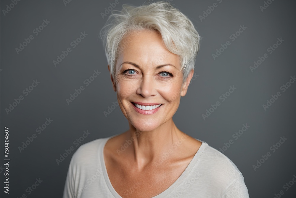 Portrait of a beautiful senior woman smiling at the camera against grey background Portrait of a beautiful senior woman smiling at the camera against grey background