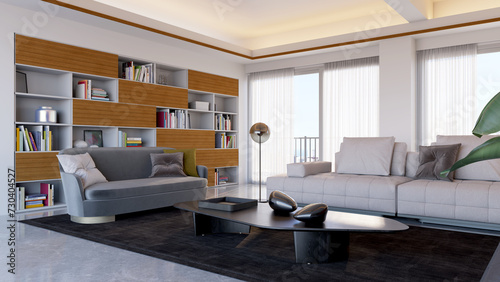 Large luxury modern bright interiors Living room mockup illustration 3D rendering image © 3DarcaStudio