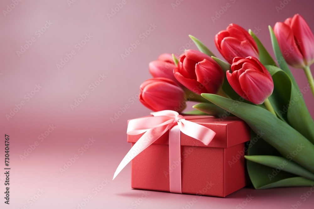 Red gift box with ribbon surrounded by tulip flowers Womens Day concept Red gift box with ribbon surrounded by tulip flowers Womens Day concept