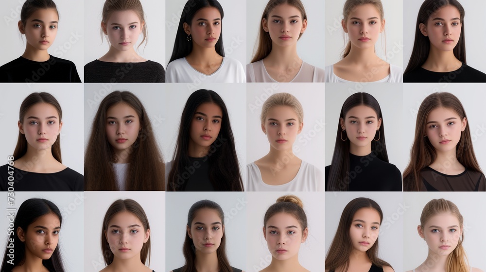 a panoramic image composed of headshots of young women from various global ethnicities and races, all showing solemn expressions.