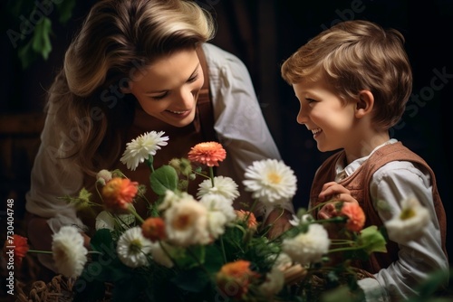 happy mother's day! child son gives flowers for mother on holiday