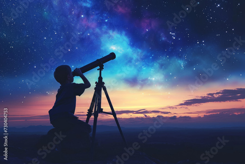 Boy in the dark of the night with a telescope. Noise as an artistic technique. Background with selective focus