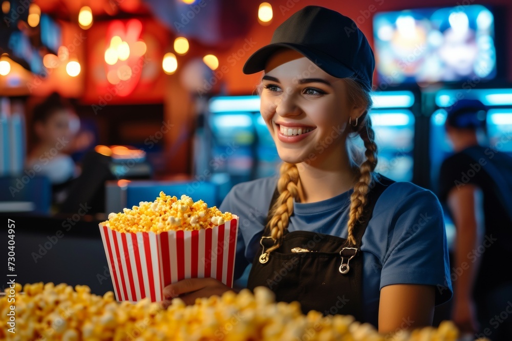 A woman sells popcorn. Background with selective focus and copy space A woman sells popcorn. Background with selective focus and copy space