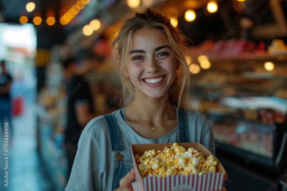 A woman buys popcorn. Background with selective focus and copy space A woman buys popcorn. Background with selective focus and copy space