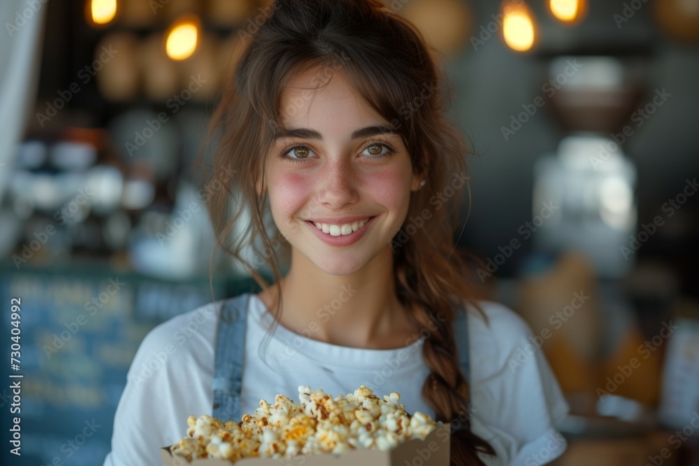A girl buys popcorn. Background with selective focus and copy space A girl buys popcorn. Background with selective focus and copy space