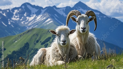 Portrait of two horned white mountain goats altitude a rocky mountain. photo