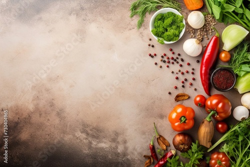 Food cooking ingredients background with fresh vegetables, herbs, spices and olive oil on white stone table with copy space top view. Healthy vegetarian eating