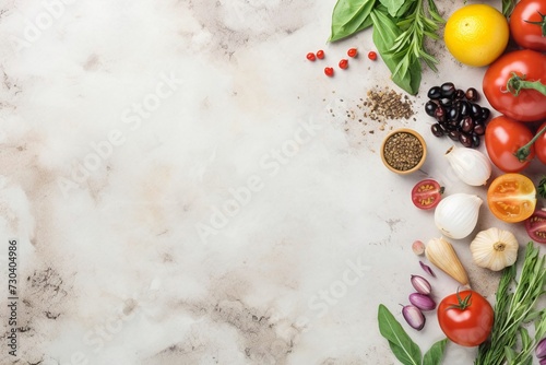 Food cooking ingredients background with fresh vegetables, herbs, spices and olive oil on white stone table with copy space top view. Healthy vegetarian eating