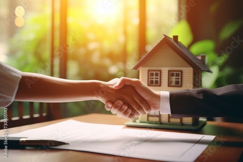 real estate broker manager hand shake to customer after signing contract for buying house in estate agent office behind House model, investment, home loan contract, buy and sell house concept  © yuntunen