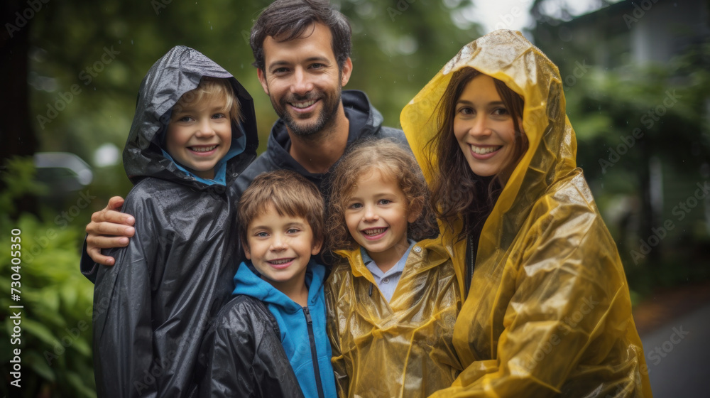 Great time on rainy day with my family. happy family in yellow raincoats Great time on rainy day with my family. happy family in yellow raincoats
