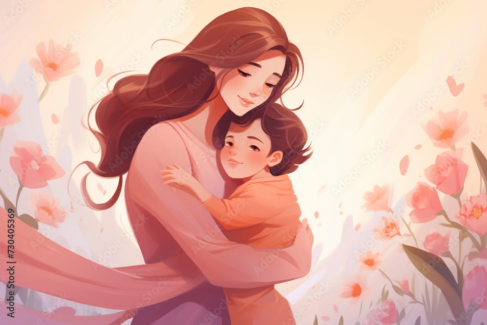 Mother's day - illustration of mom and daughter hugging each other with copy space for text Mother's day - illustration of mom and daughter hugging each other with copy space for text