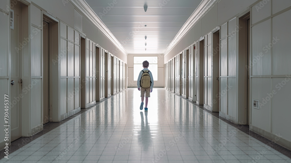 Teenager Walking Down empty school Hallway Teenager Walking Down empty school Hallway