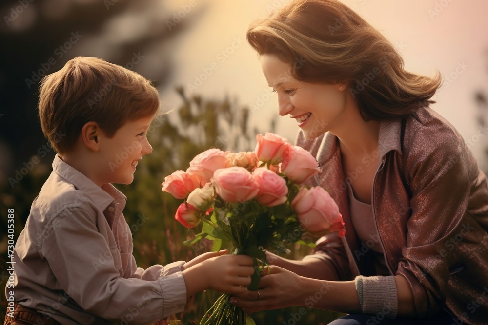 happy mother's day! child son gives flowers for mother on holiday happy mother's day! child son gives flowers for mother on holiday
